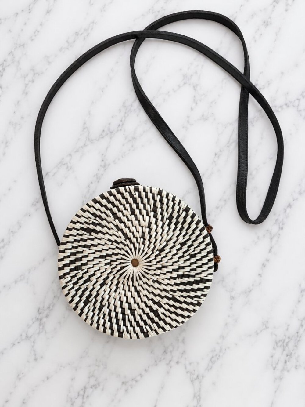 Round Black White Rattan Woven Crossbody Bag Boho Purse